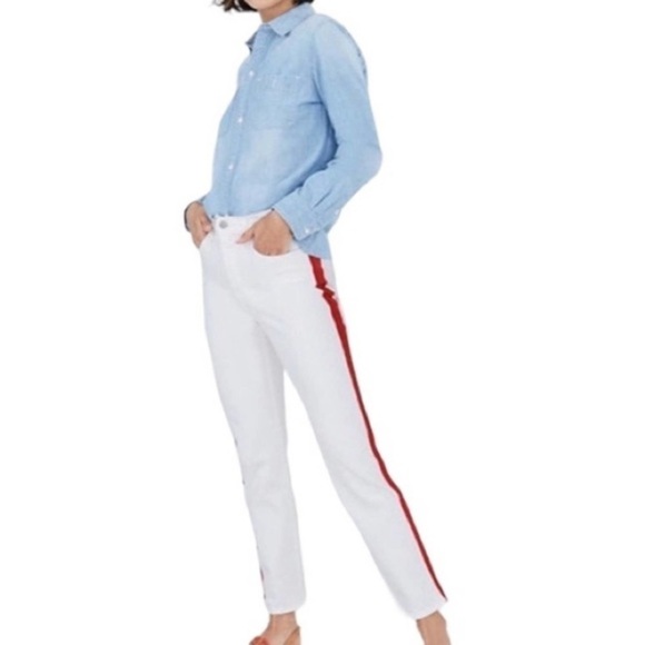 Madewell slim‎ straight Stovepipe tuxedo stripe  red Jeans in Tile White Sz 25 - Picture 1 of 15